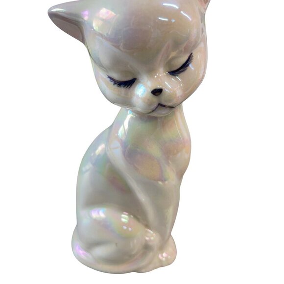 Vintage Ceramic Cat Figurine Lusterware Iridescent Finish Gold Crown Headpiece - Picture 3 of 9